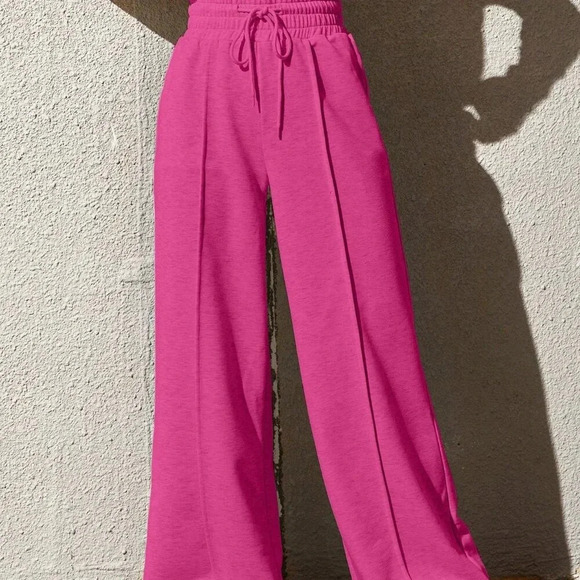 Hot Pink Women's Drawstring Waist Loose Wide Leg Palazzo Pants - Picture 2 of 5